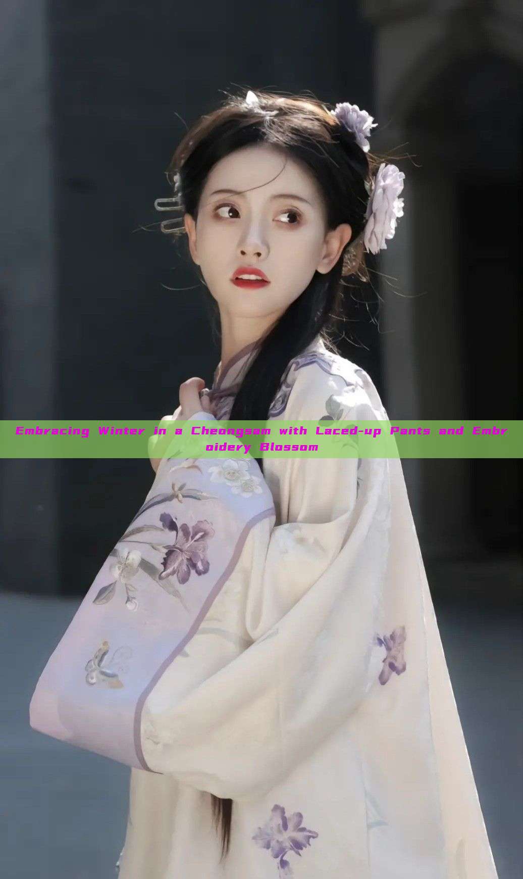 Embracing Winter in a Cheongsam with Laced-up Pants and Embroidery Blossom Embracing Winter in a Cheongsam with Laced-up Pants and Embroidery Blossom